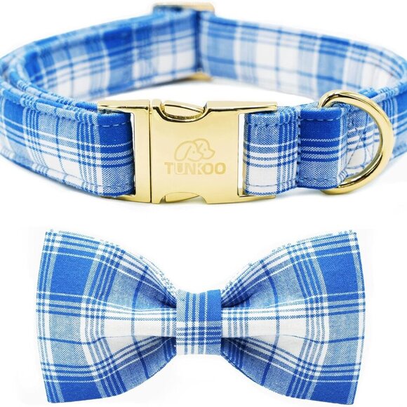 Blue Plaid Dog Collar with Bow Tie - Fashionable Spring Summer Checkered Dog Col - Picture 1 of 5